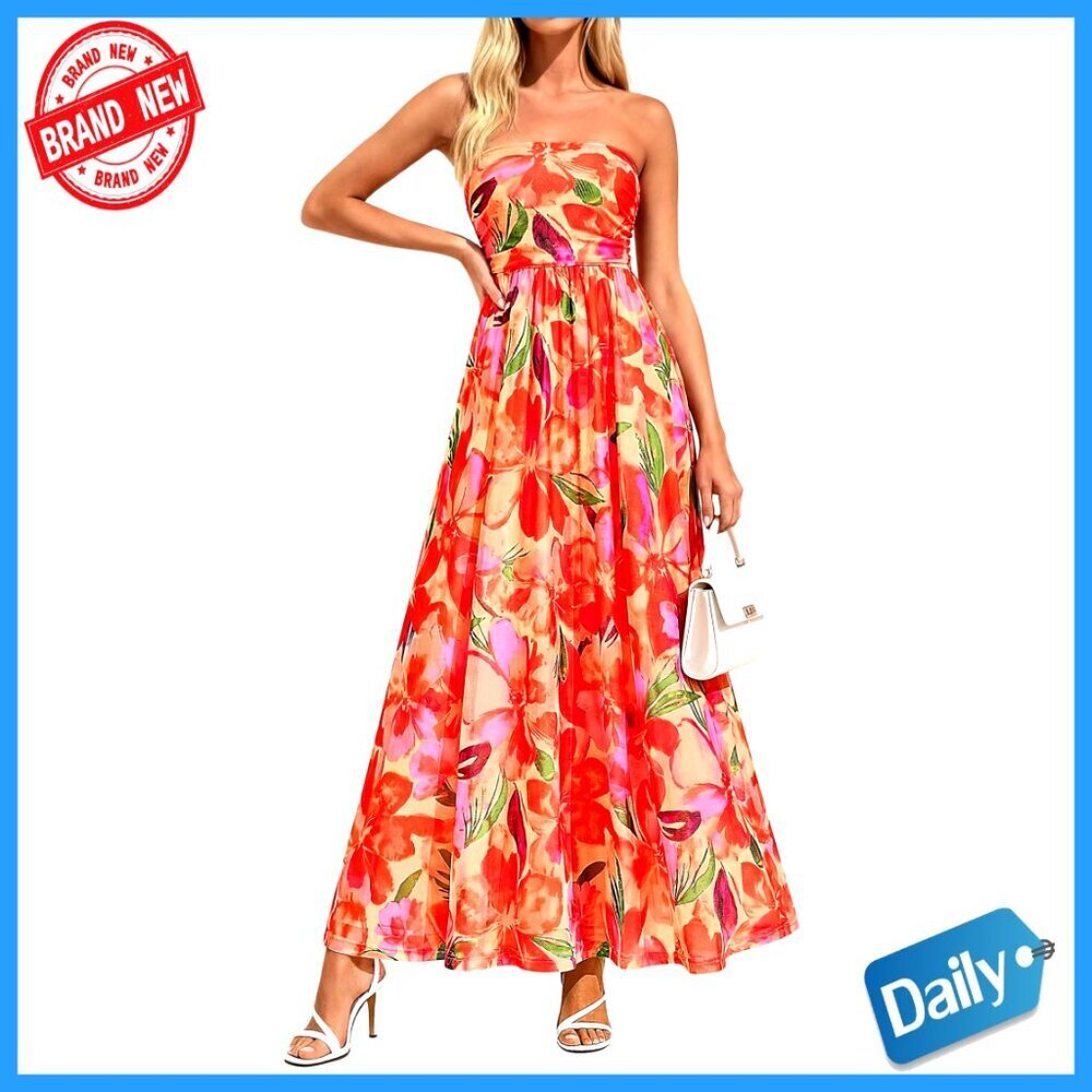 Boho Maxi Dress Strapless Tube Top Floral Print Wedding Guest Summer